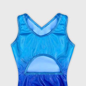 Open back, blue ombré gymnastics leotard